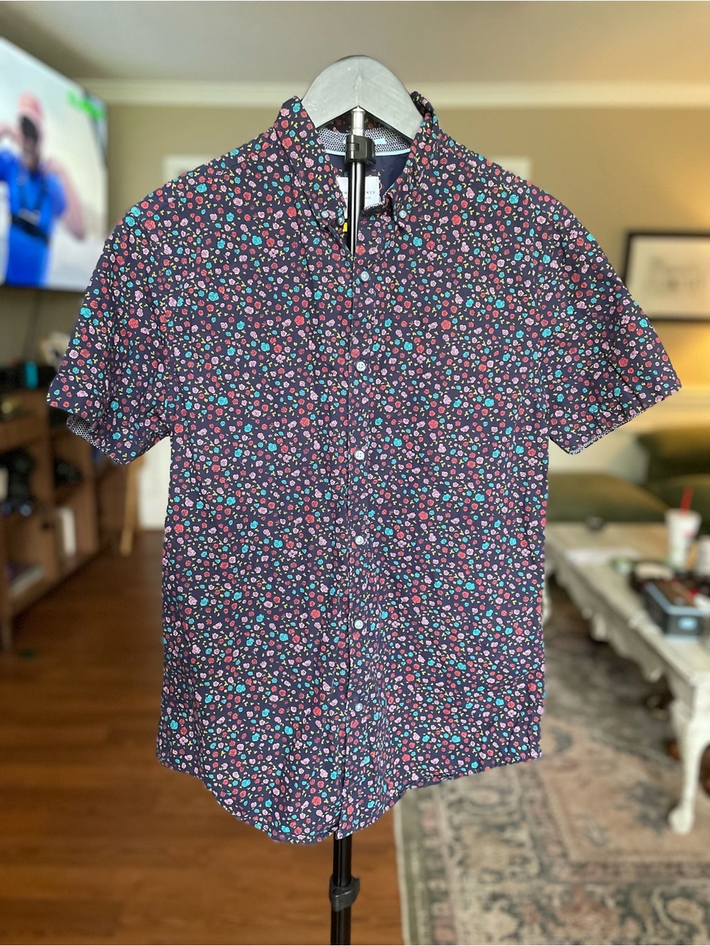 Ricky Singh Denim & Flower Navy Short-Sleeve Button-Down w/ Floral Print Size S - Picture 1 of 6